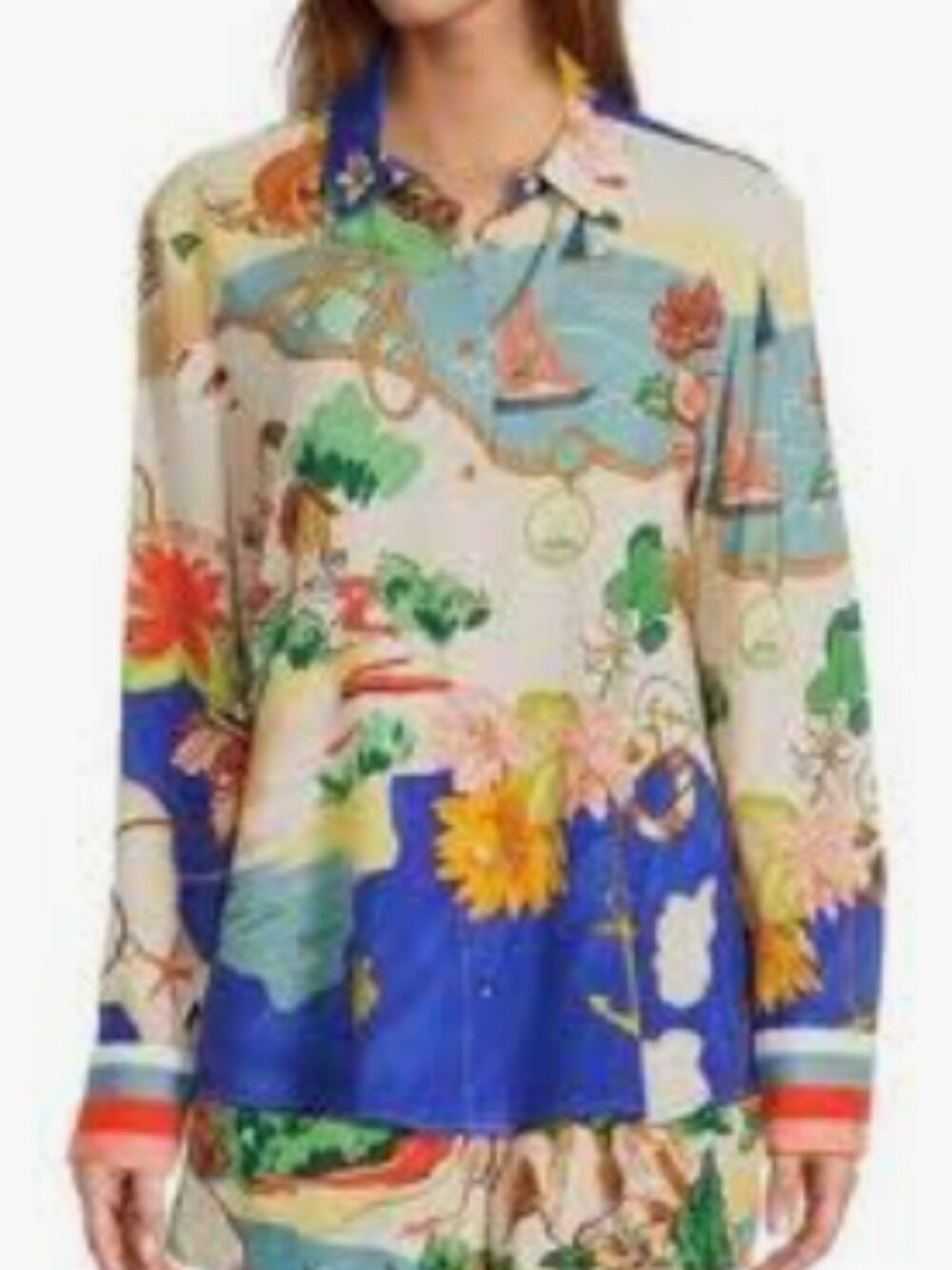 Antonio Melani Polina Linen Blend Ocean Print Button Front Collar Blouse Size S
